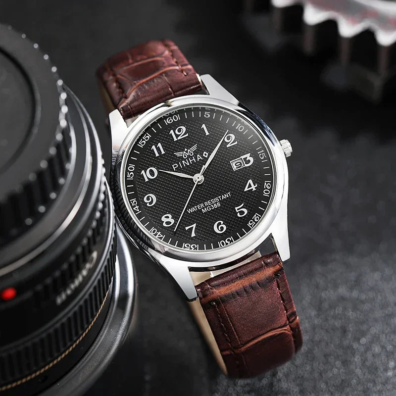 Men's analog quartz watch with black textured dial and brown leather strap