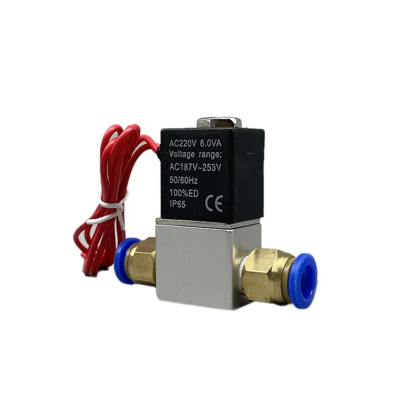 Electric solenoid valve with quick-connect pneumatic fittings and red wires