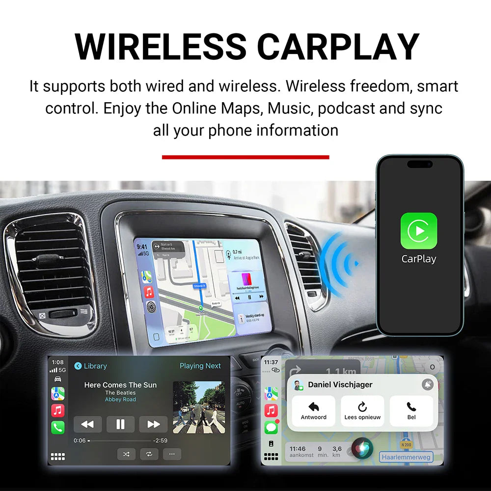 Dashboard screen showing wireless CarPlay navigation and music interface