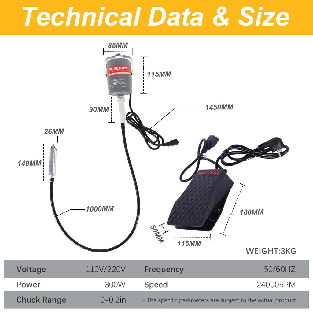 Technical specifications and dimensions of a hanging motor rotary tool kit