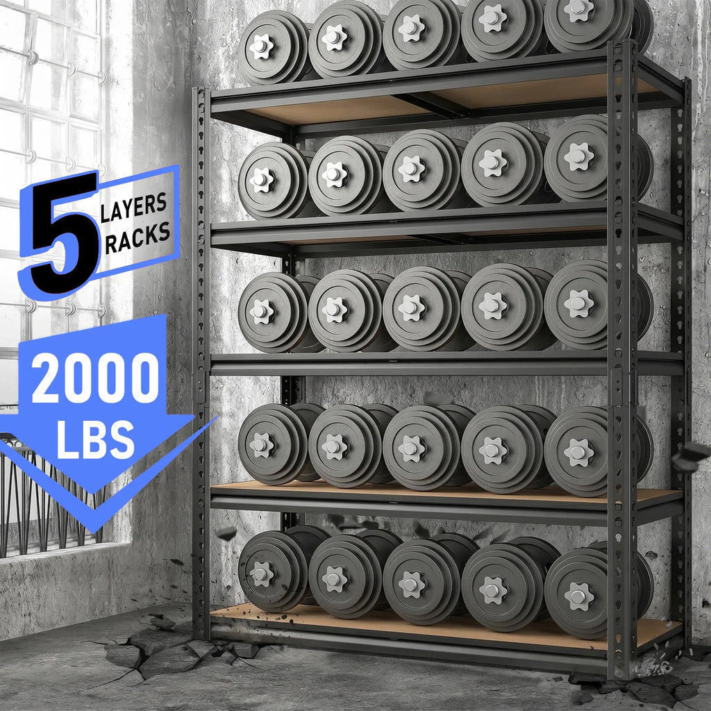 Black five-tier industrial shelving unit loaded with heavy weight plates in a garage setting