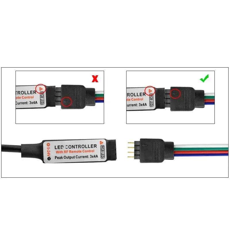 Diagram showing correct and incorrect polarity connection for RGB LED light controller