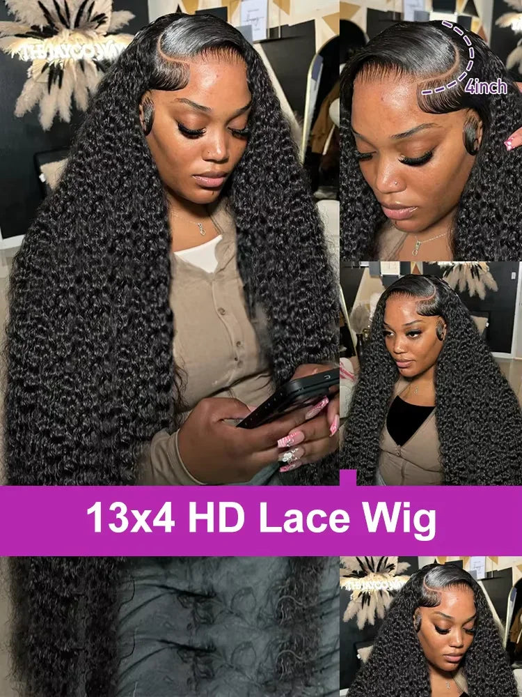 Deep wave black curly hd lace human hair wig