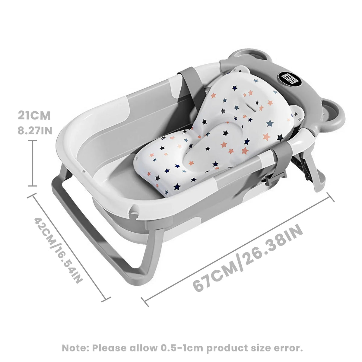 Collapsible baby bathtub with dimensions shown in centimeters and inches