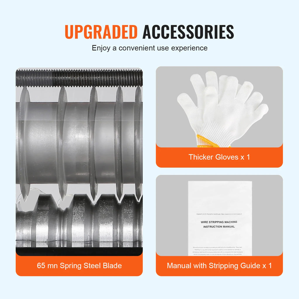 A set of machine components including a spring steel blade, protective gloves, and an instruction manual.
