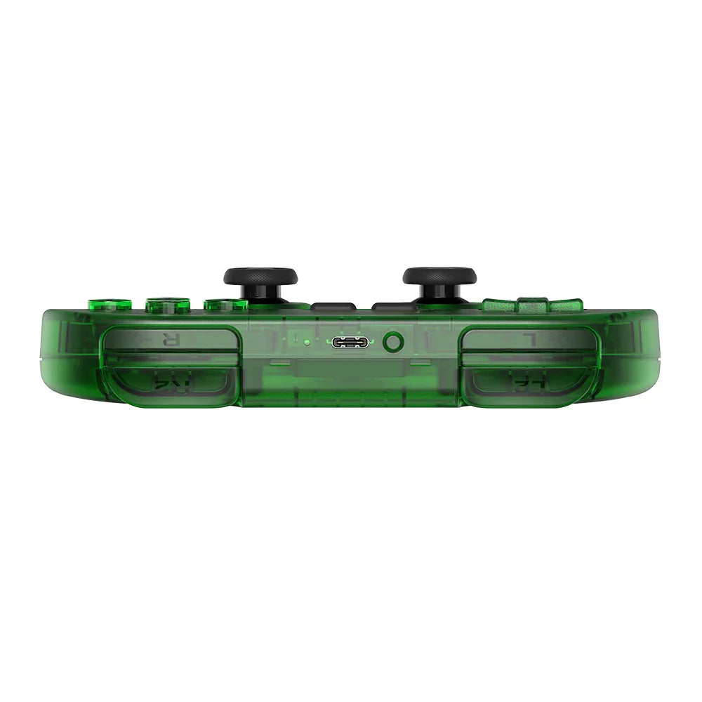 Green transparent wireless game controller showing the top edge with charging port.