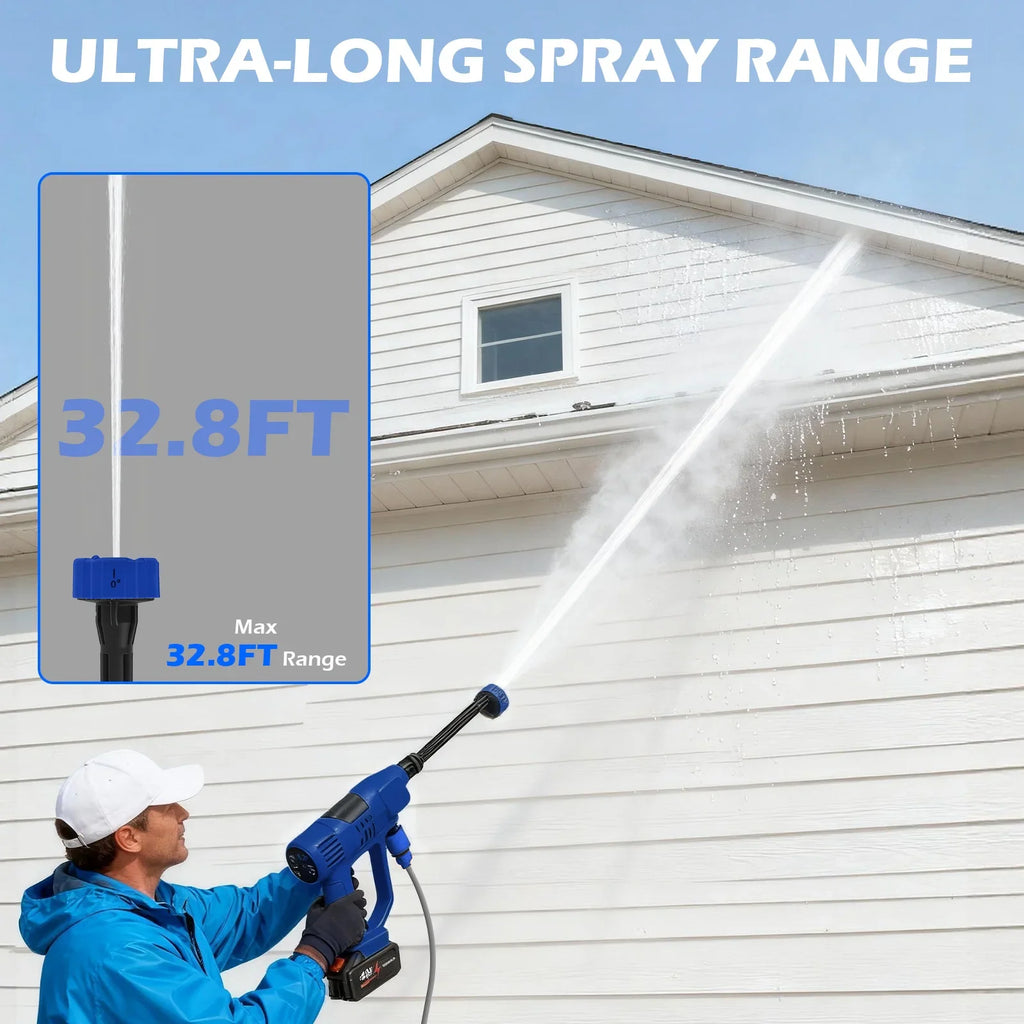 Man testing spray range of a cordless power washer on a white house exterior