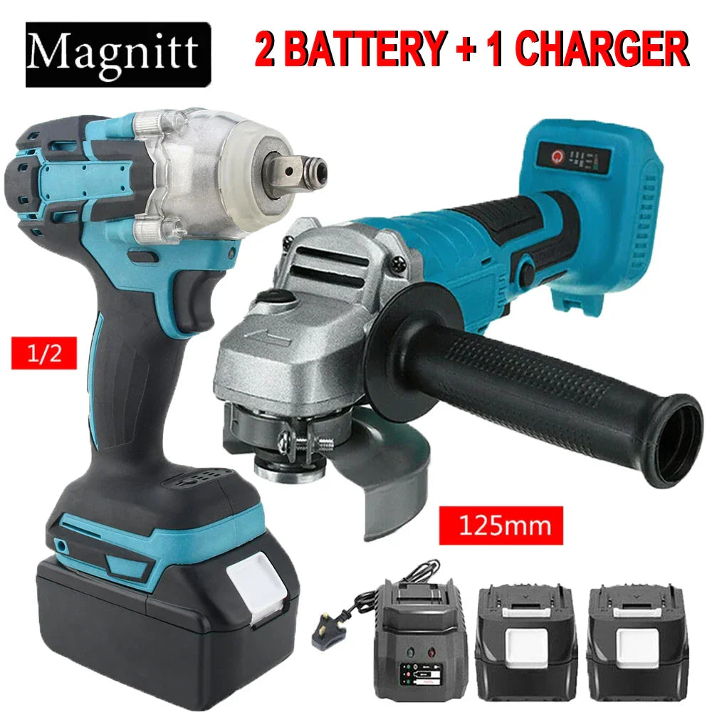 Blue and black cordless impact wrench and angle grinder kit with two batteries and a charger.