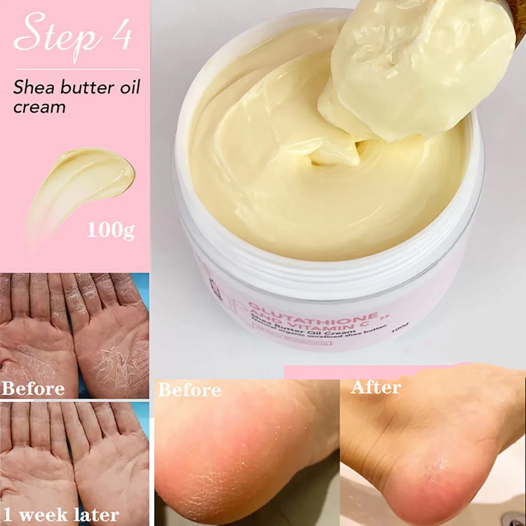 Before and after application of moisturizing shea butter oil cream on hands and heels.