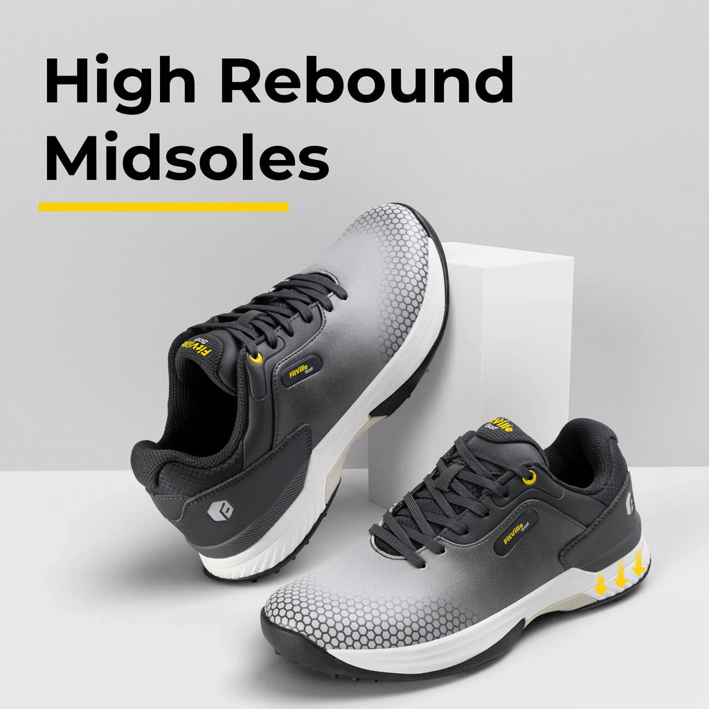 A pair of grey golf shoes showing the high-rebound cushioning with yellow arrows indicating pressure points.