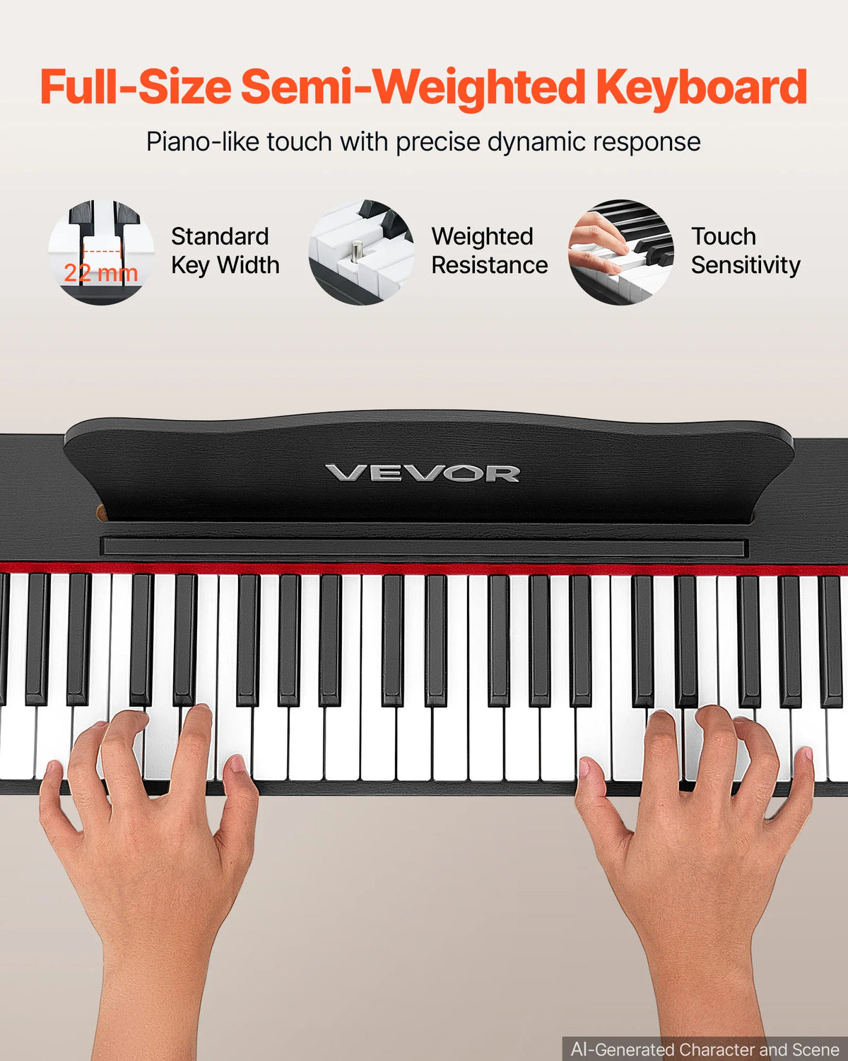 Close-up of hands playing a black 88-key digital piano, demonstrating key width and touch sensitivity