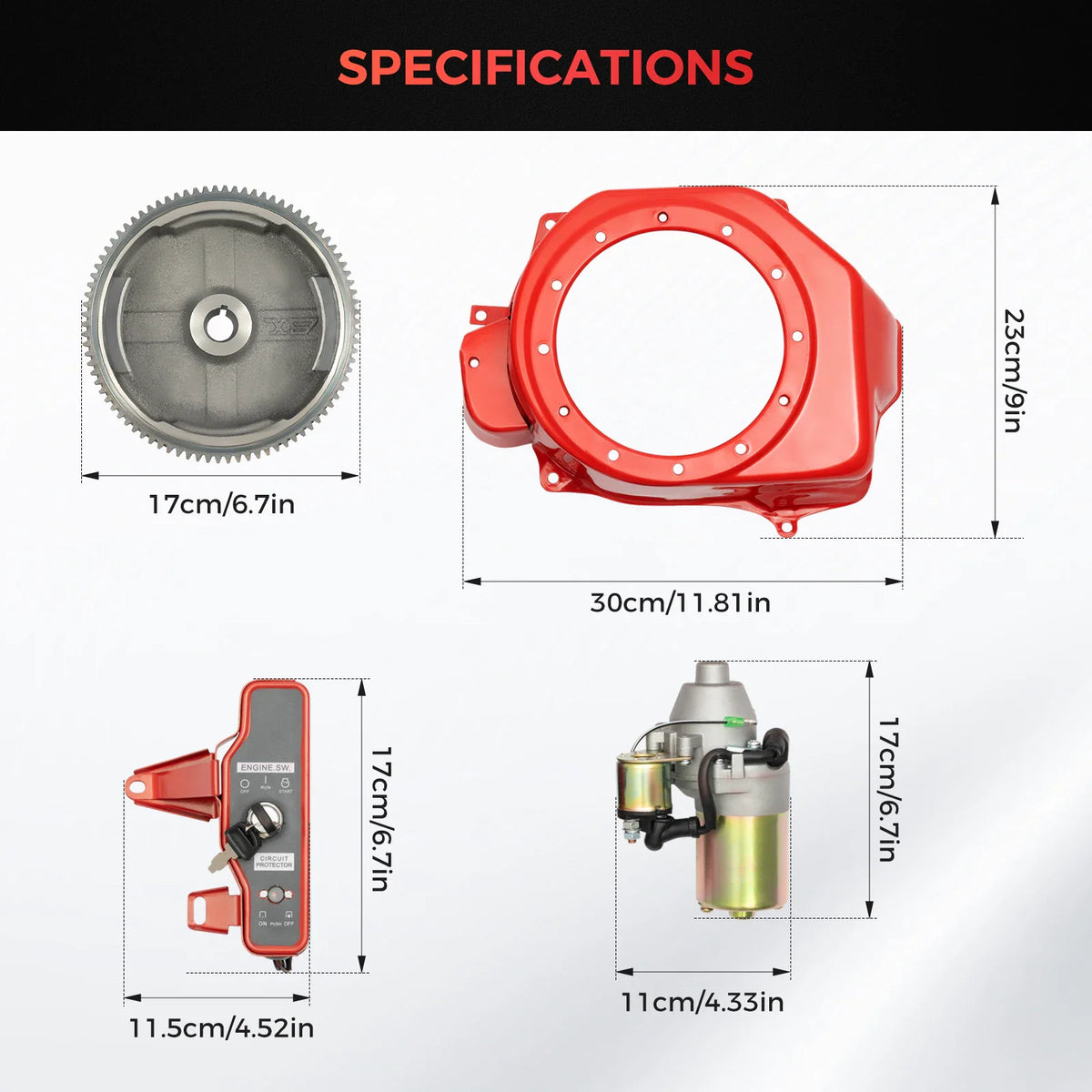 Dimensions of electric start kit components including flywheel, starter motor and key switch box
