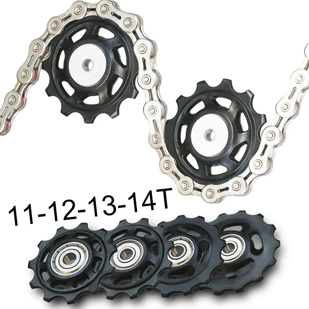 Black bicycle derailleur pulleys with a chain and indicated tooth counts