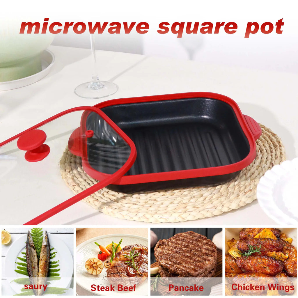 Microwave square pot for cooking various foods like fish, steak, and chicken