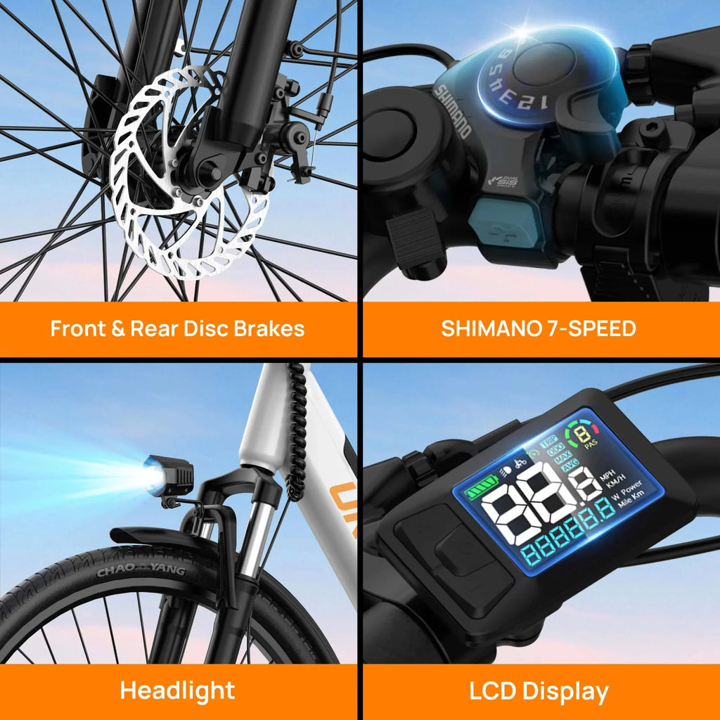 Close-up of electric bike disc brakes, gear shifter, LED headlight, and LCD display panel