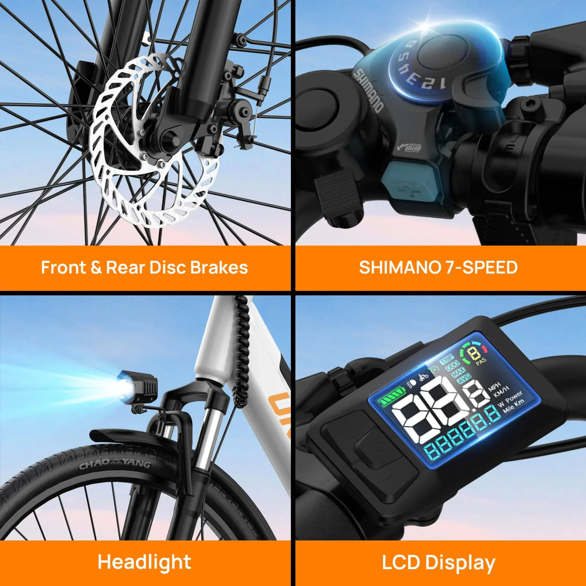 Close-up of electric bike disc brakes, gear shifter, LED headlight, and LCD display panel