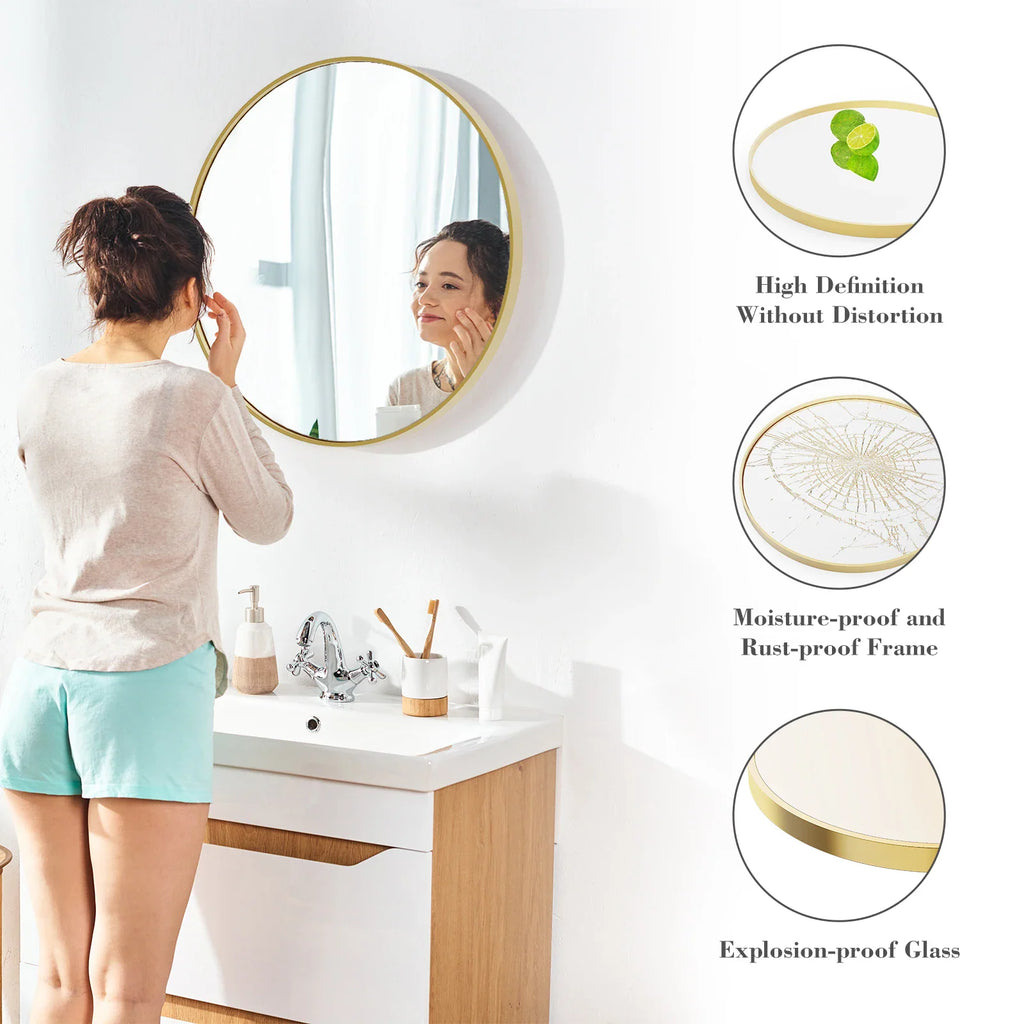A person using a round mirror with gold frame in a bathroom with close-up detail circles