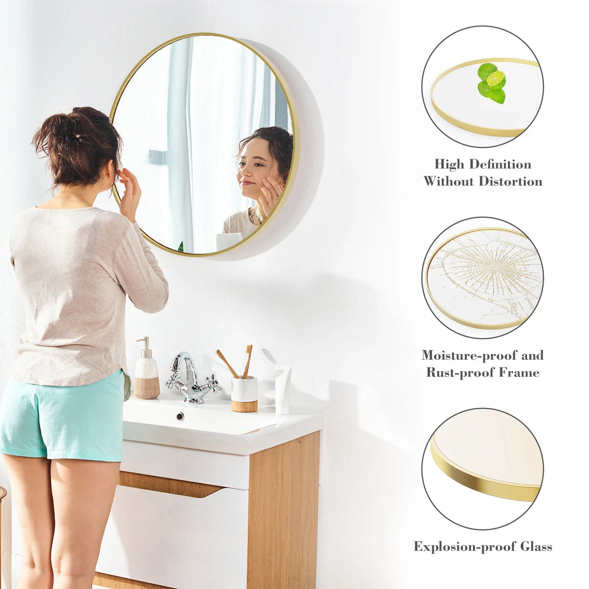 A person using a round mirror with gold frame in a bathroom with close-up detail circles