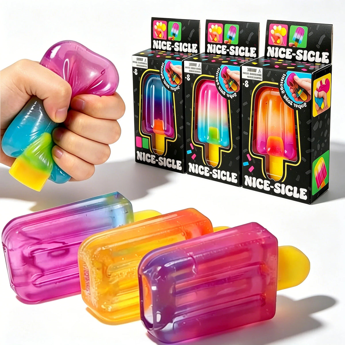 Transparent gradient popsicle-shaped stress relief squishy fidget toys with packaging boxes