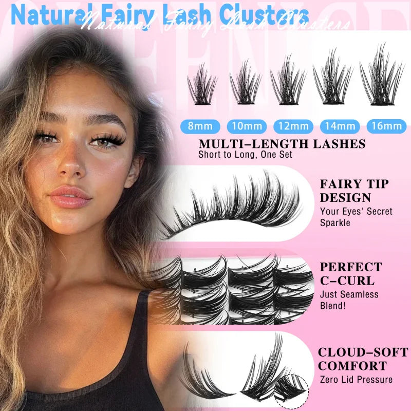 A woman wearing wispy cluster eyelash extensions with infographic labels explaining features and lengths.