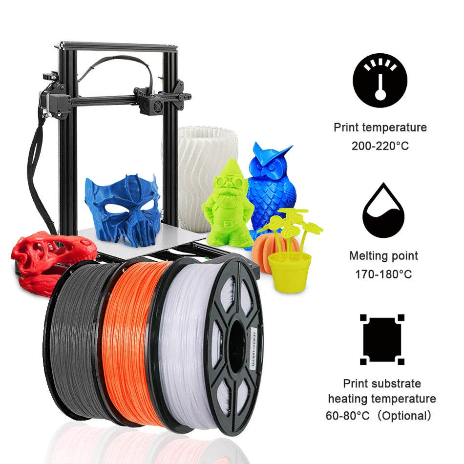 3D printer with various colorful plastic items printed from filament spools