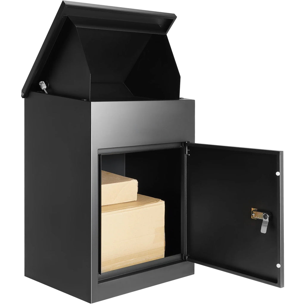 A black wall-mounted metal delivery box with an open hatch and door, containing two cardboard packages.