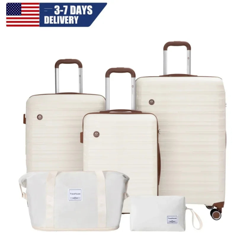 A 5-piece cream luggage set including three hard-shell suitcases, a duffle bag, and a small cosmetic pouch.