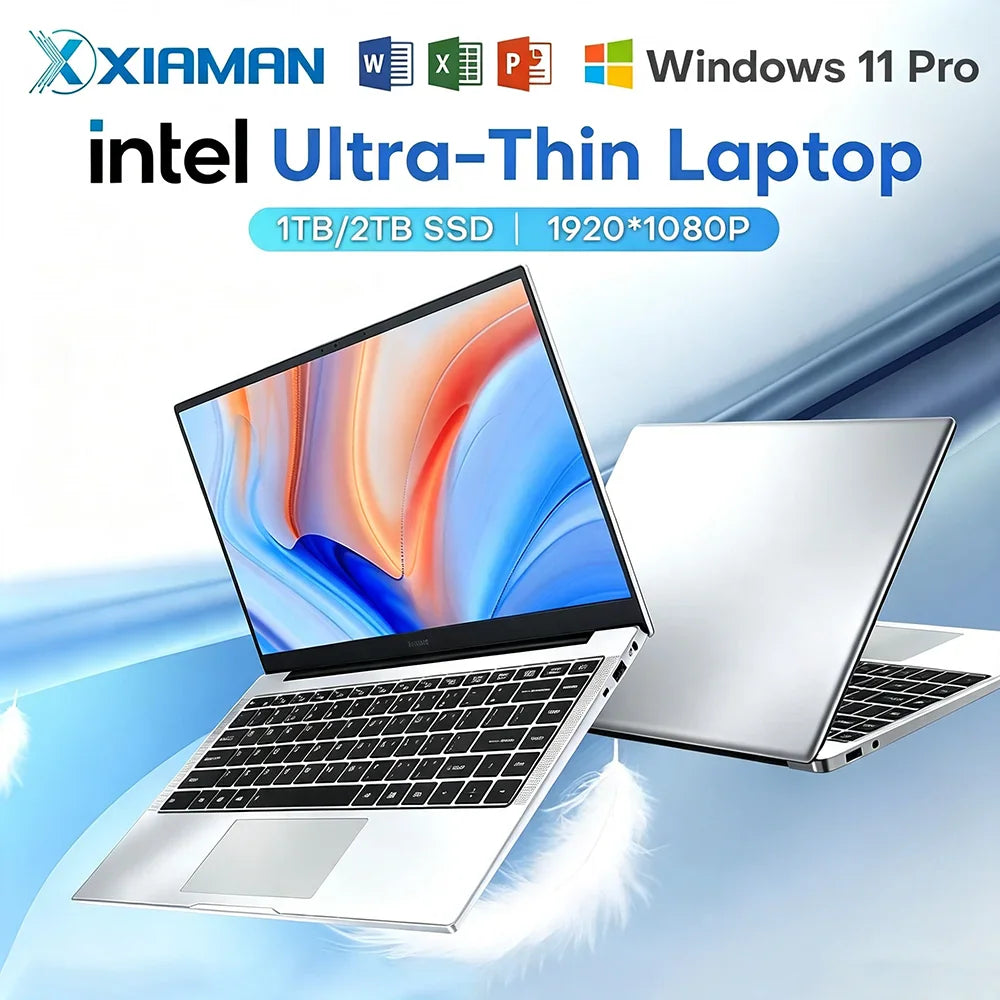 A thin silver laptop with an open screen and a closed laptop shown side by side, featuring digital promotional text.