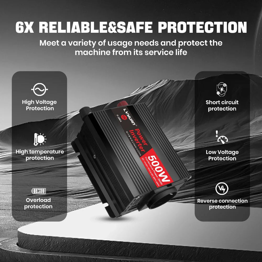 A black 500W power inverter with graphic icons illustrating safety protection features