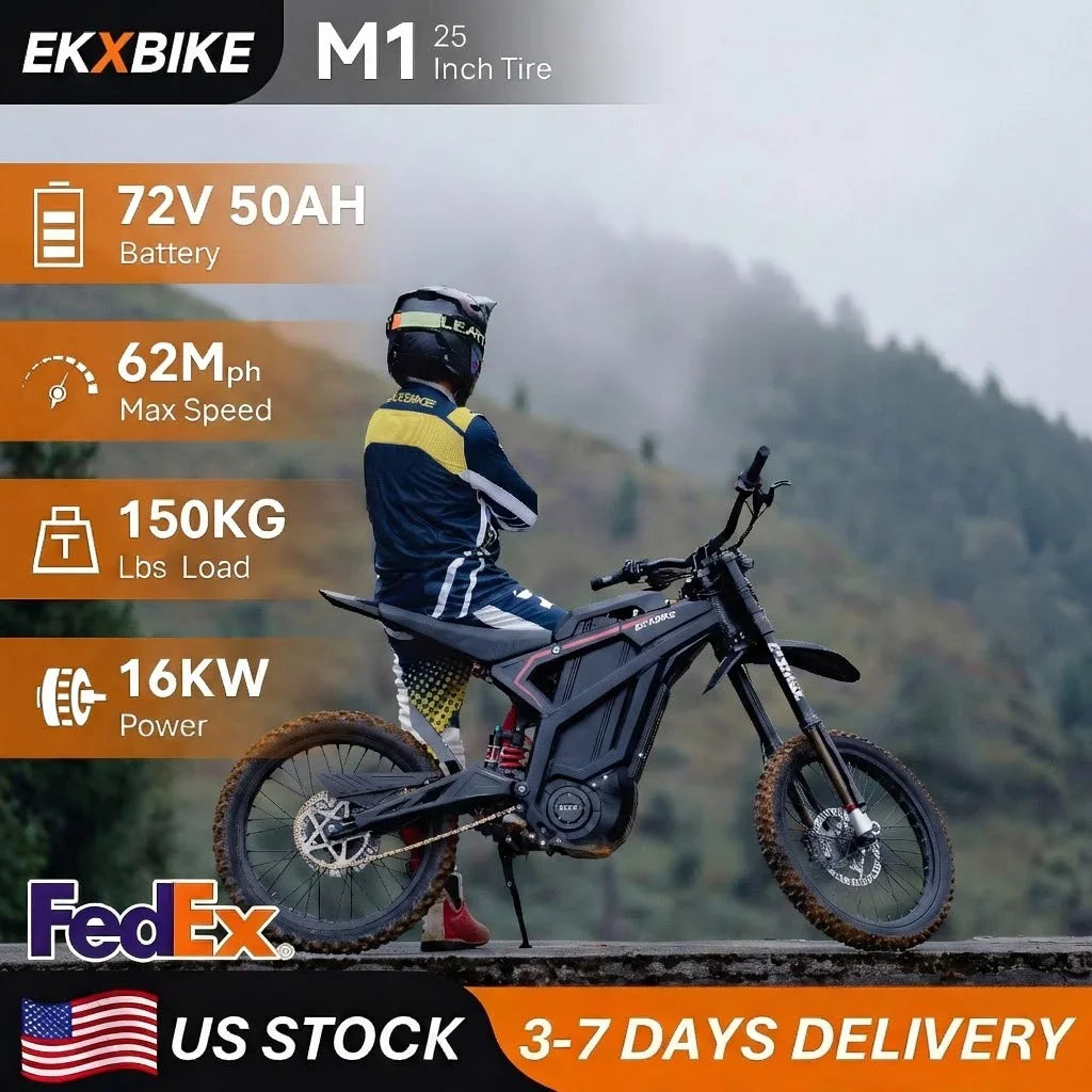 Person riding an electric dirt bike on a mountain trail with specification overlays