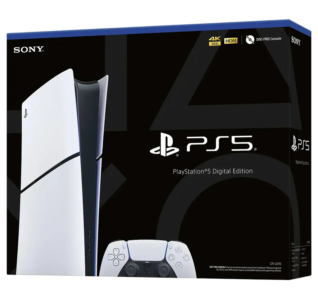 Digital game console packaging box showing console and controller