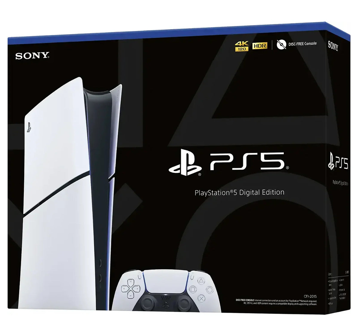 Digital game console packaging box showing console and controller