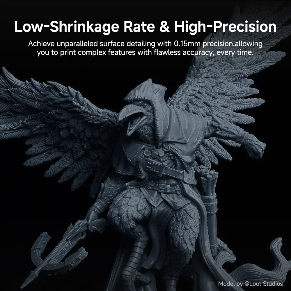Detailed view of a 3D printed crow humanoid figure displaying high-precision surface finish