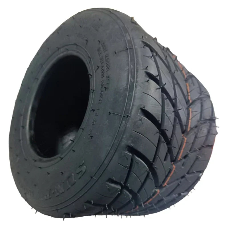 Black rubber go kart tire viewed from an angle