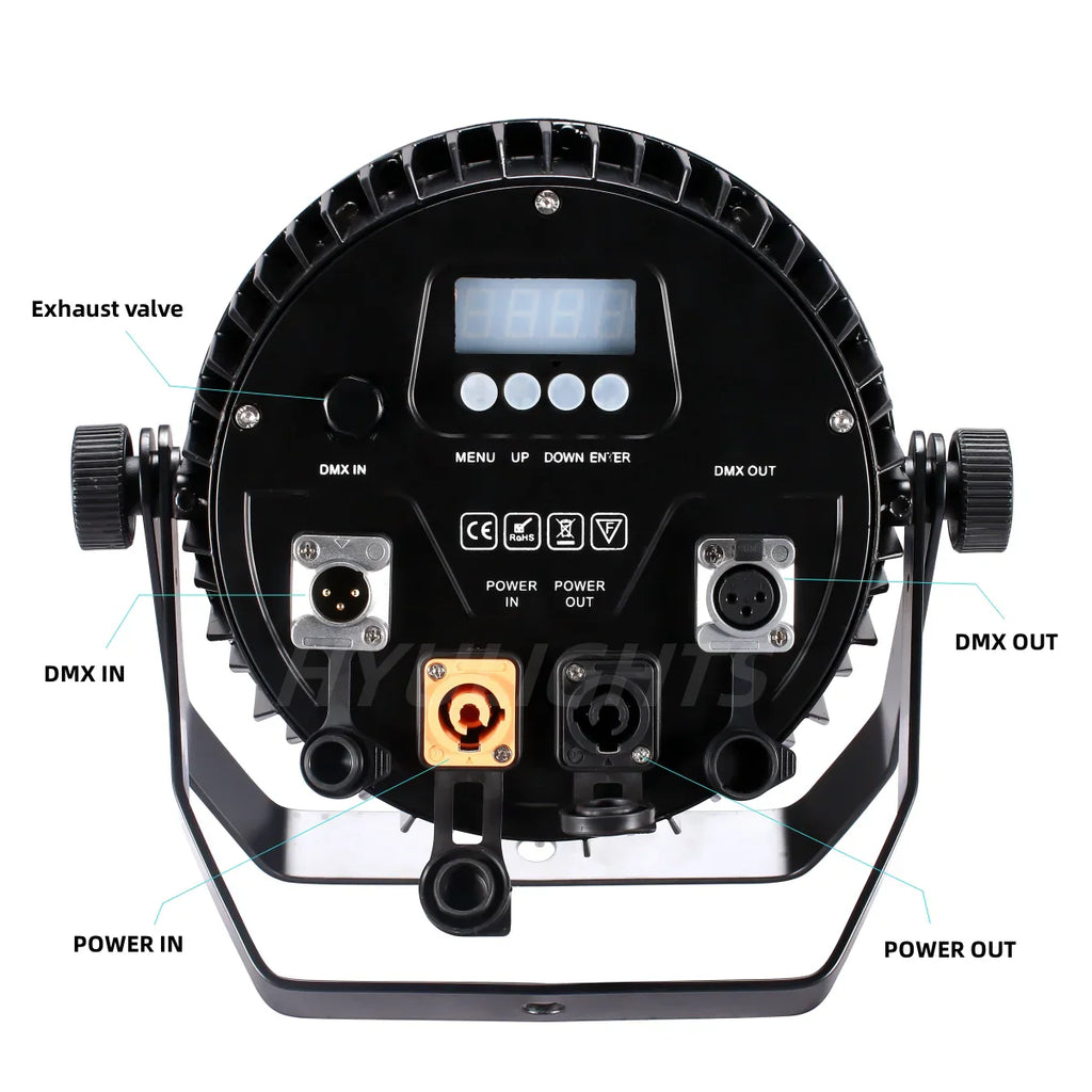 Rear view of an outdoor LED stage light showing DMX and power ports with labels