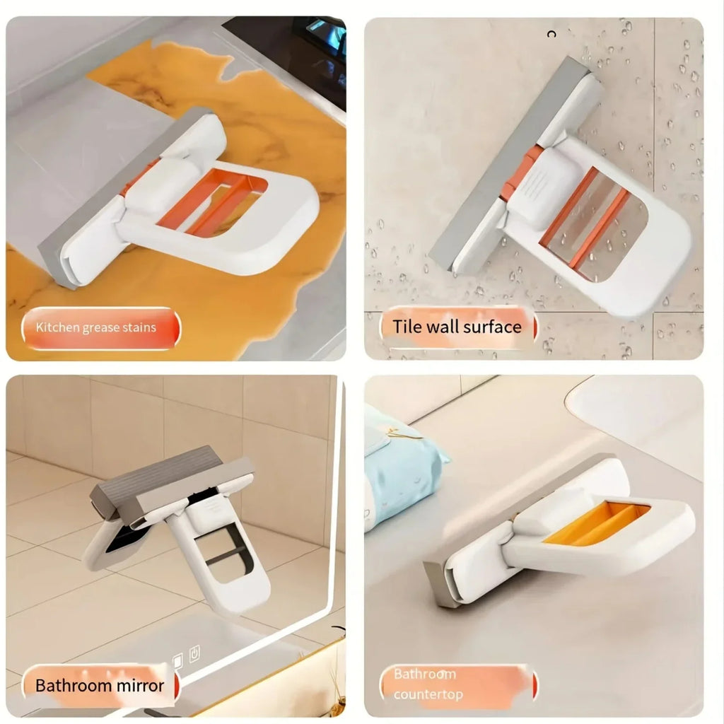 Collage showing a handheld sponge mop cleaning kitchen grease, tile, bathroom mirror, and countertop