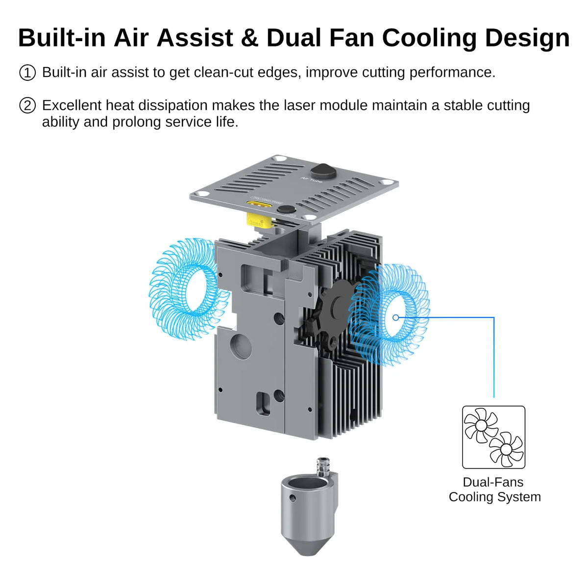 Exploded view diagram of the laser module showing internal cooling fans and air assist nozzle