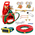 Portable oxygen acetylene welding and cutting kit with red and green cylinders, hoses, and accessories