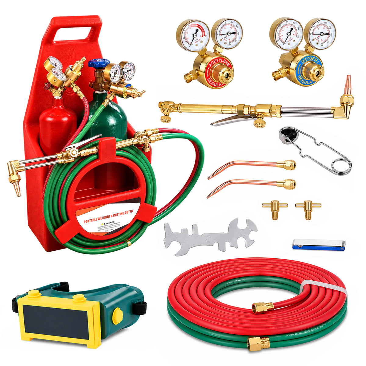 Portable oxygen acetylene welding and cutting kit with red and green cylinders, hoses, and accessories