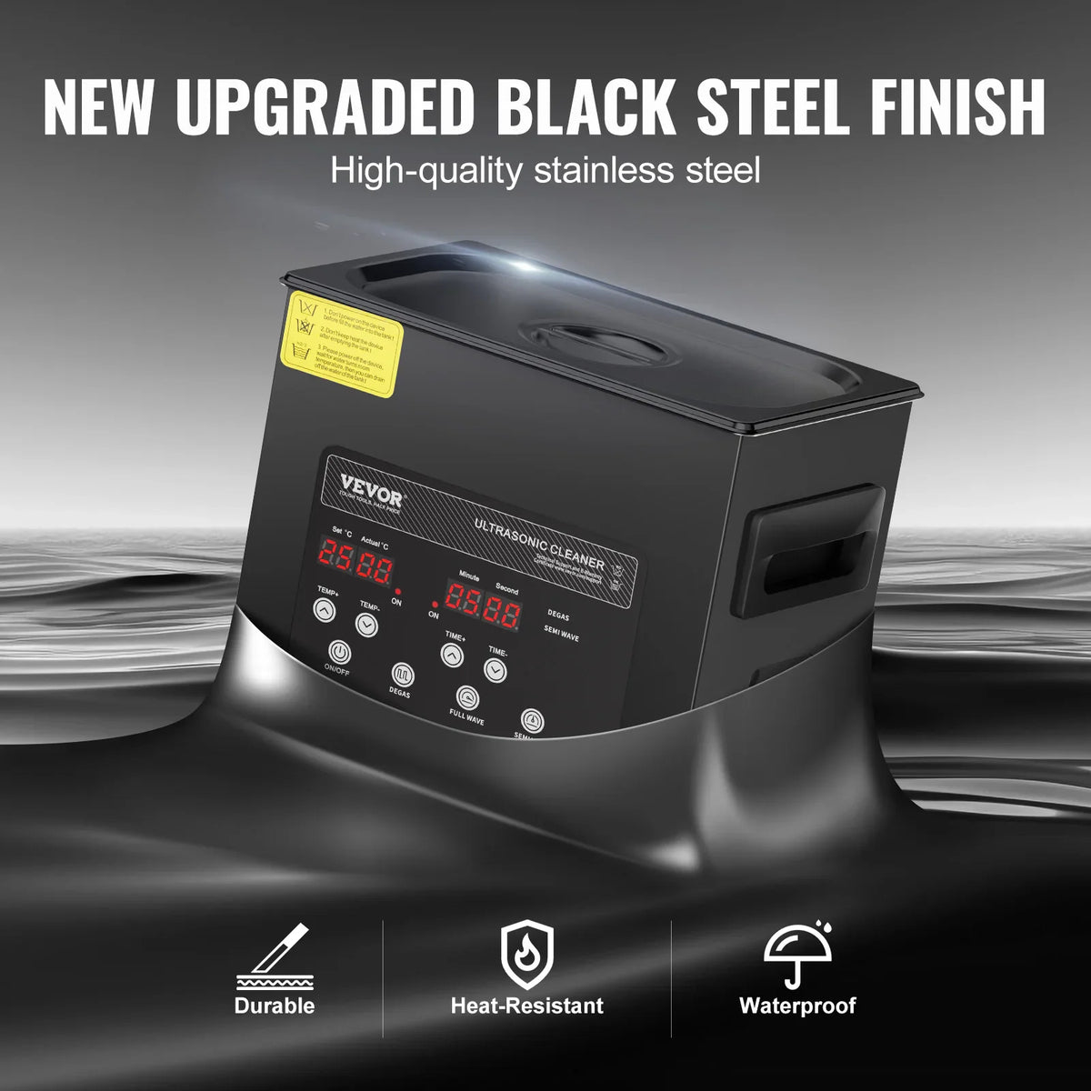 A black stainless steel ultrasonic cleaner partially submerged in water to demonstrate durability.