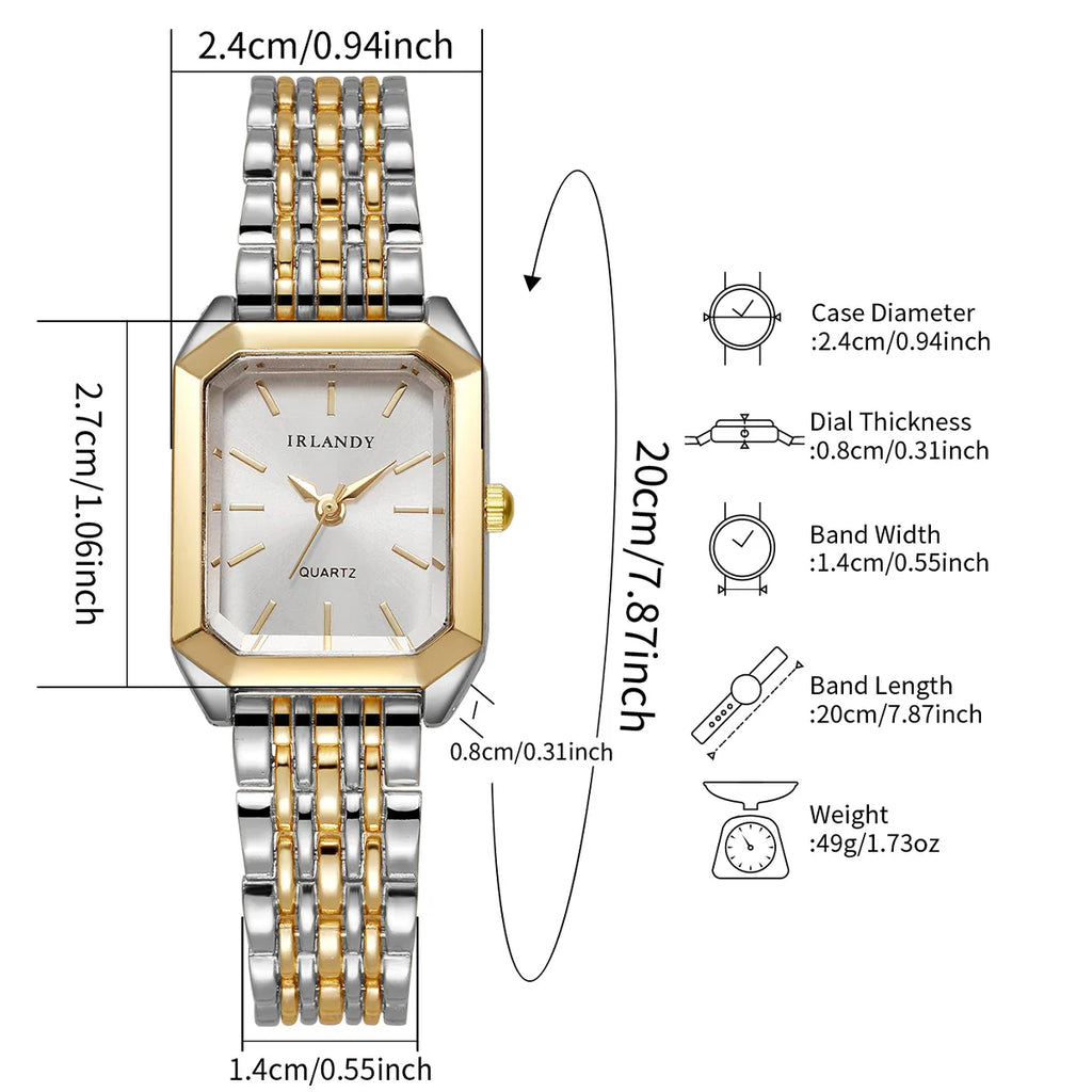 Size chart showing dimensions of a rectangular two-tone quartz watch