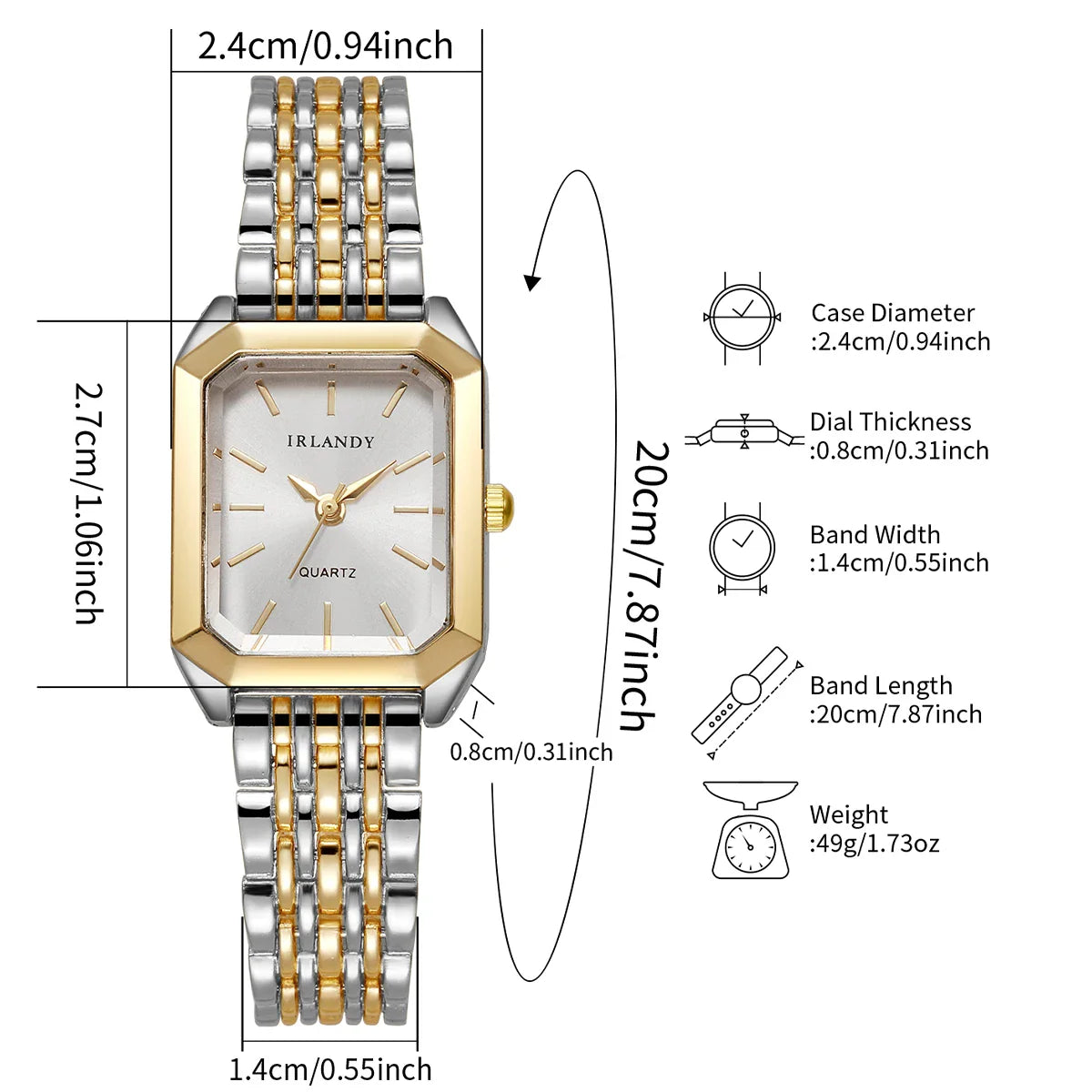 Size chart showing dimensions of a rectangular two-tone quartz watch