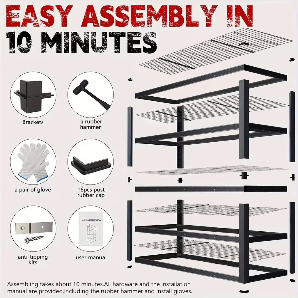 Exploded view diagram of industrial metal shelving unit assembly parts including rubber hammer and gloves