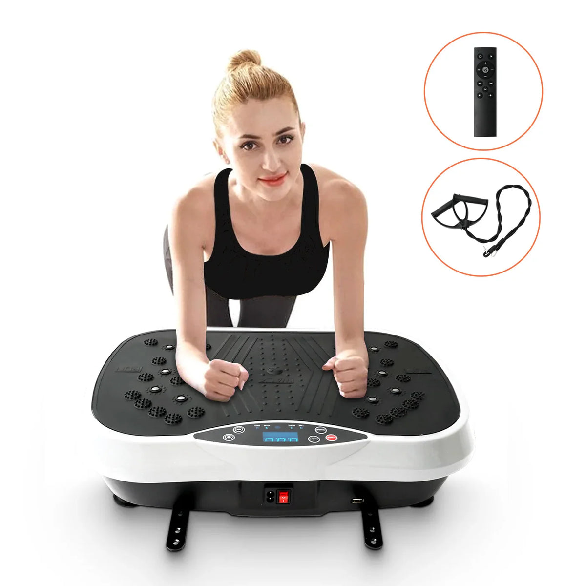 A portable vibration plate exercise machine with a digital display and resistance bands in red, white, black, or silver black – White Color