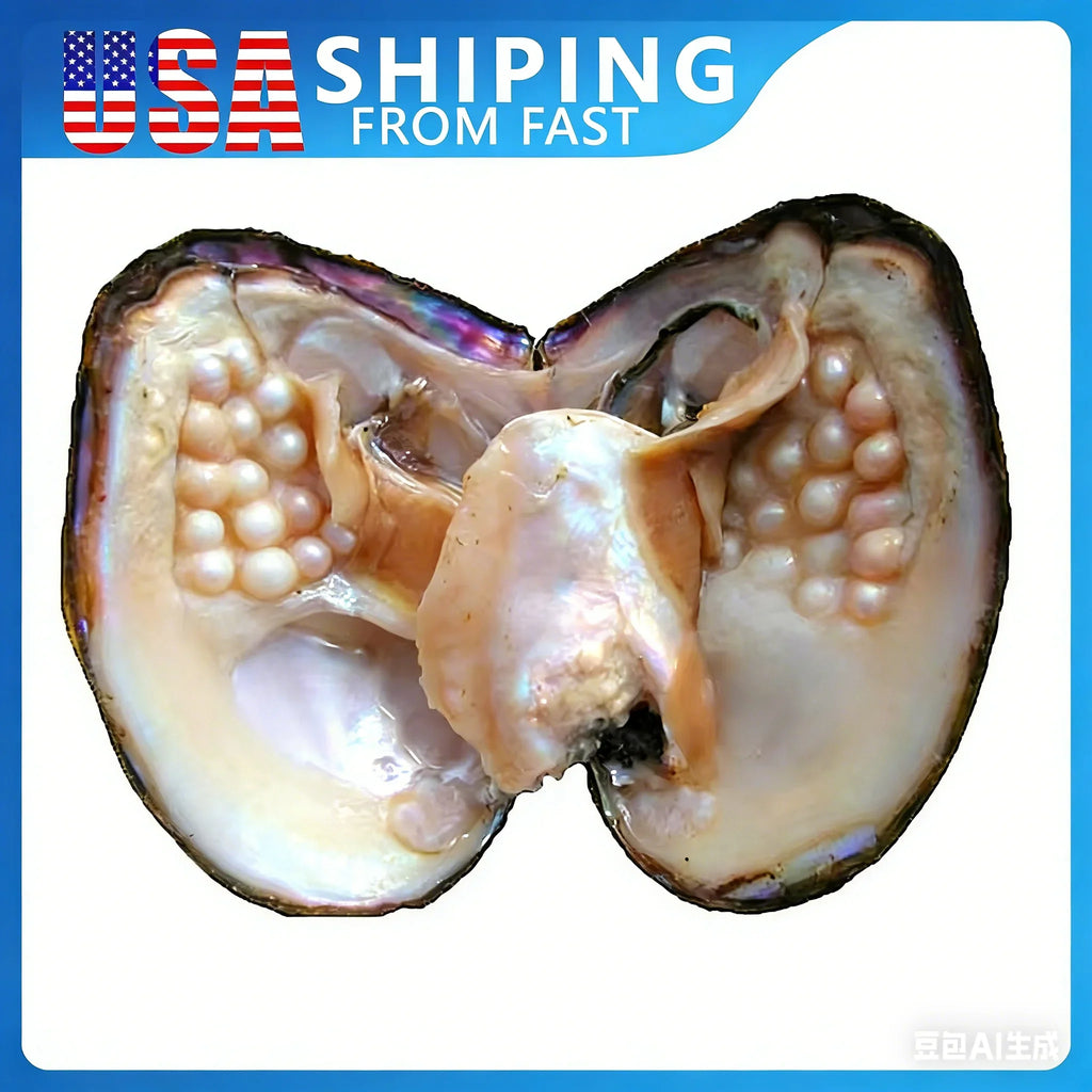 Open oyster shell with many white cultured pearls inside