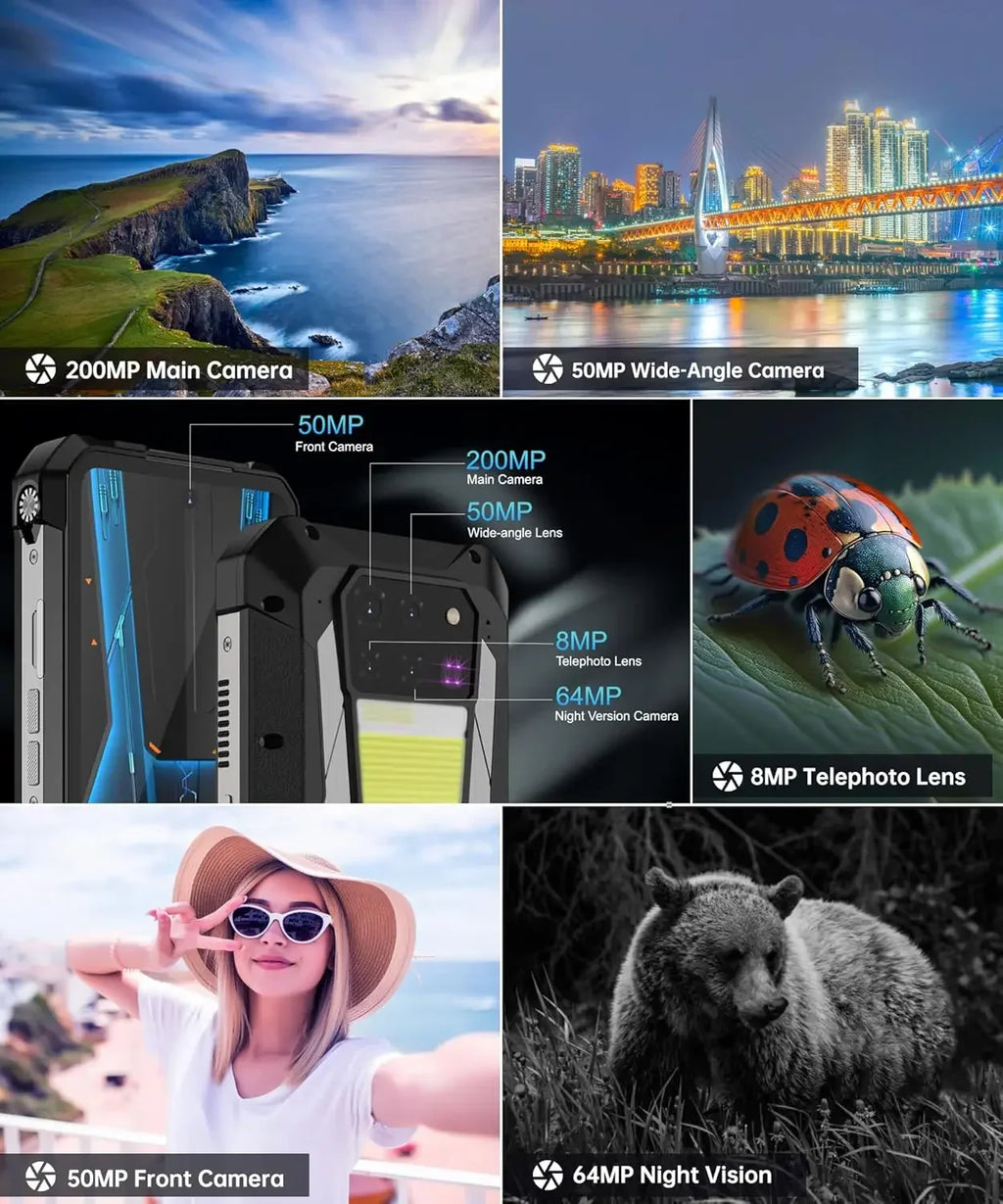 Collage of photos demonstrating camera capabilities, including nature shots, night vision, and front camera selfies.