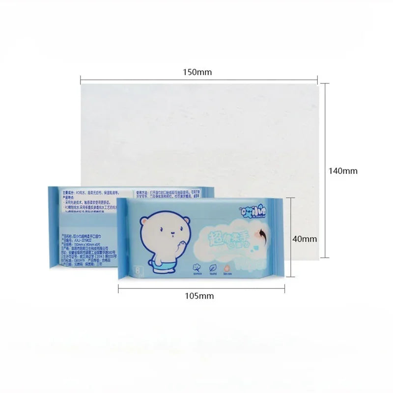 Dimension diagram of a rectangular wet wipe and its packaging.