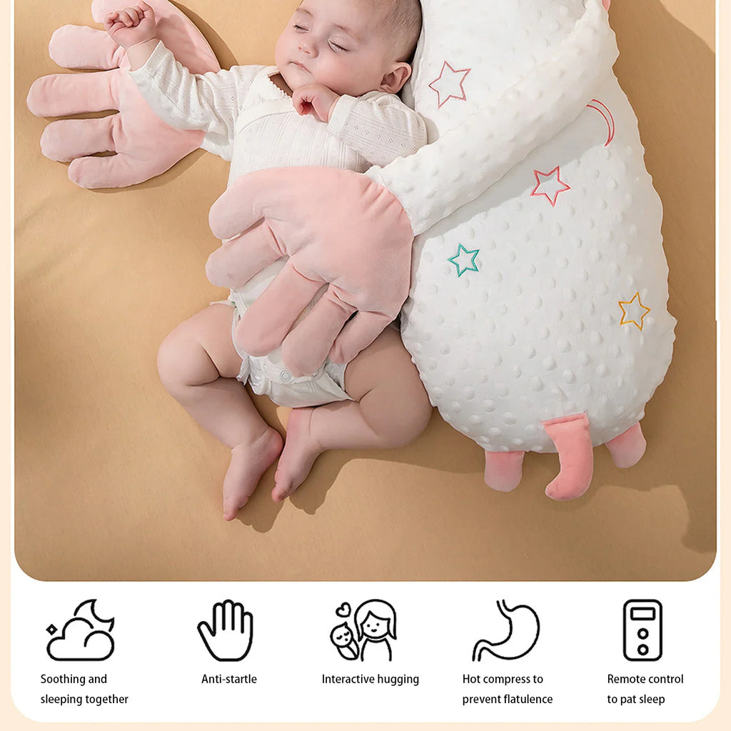 A unicorn shaped baby sleeping pillow with icons representing features.