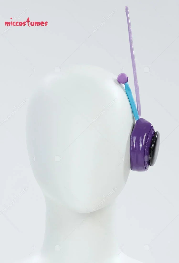 Violet circular cosplay headphone accessory with two antennas on a white mannequin head