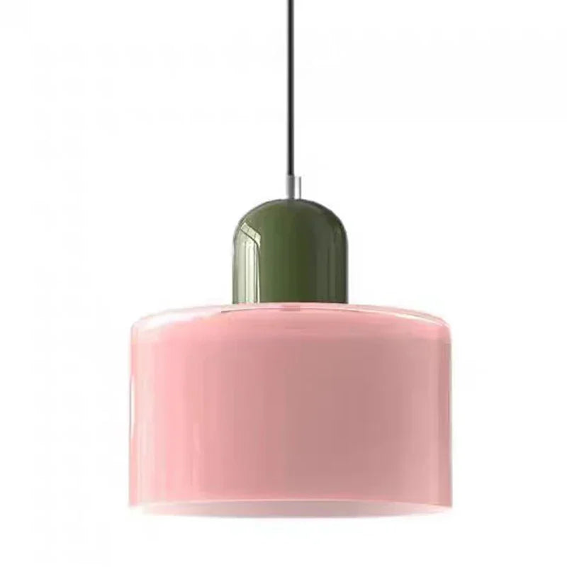 Modern pink cylindrical glass pendant light with green cap